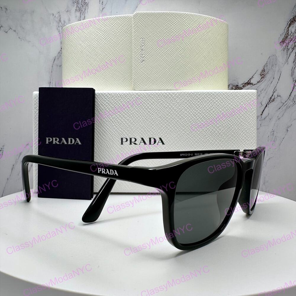 New PRADA Sunglasses Black Aviator Square Mens Letter Logo Grey Lens 52-18-140mm